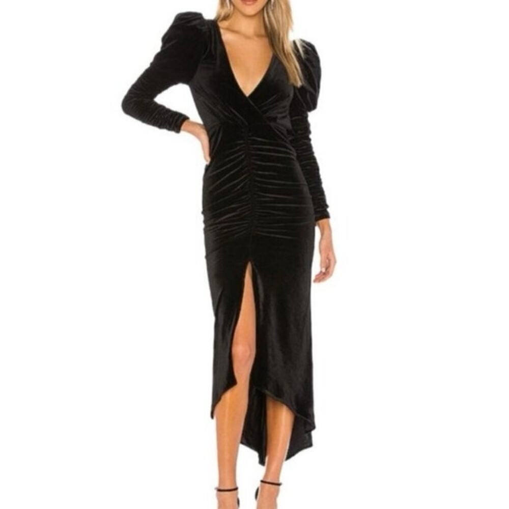 RONNY KOBO Alicia Black Velvet Ruched Midi Dress - Medium - Revolve NWT